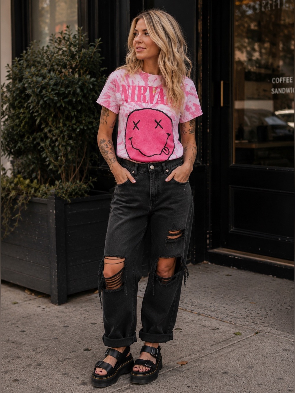 Nirvana Smiley Graphic Tee- Hot Pink